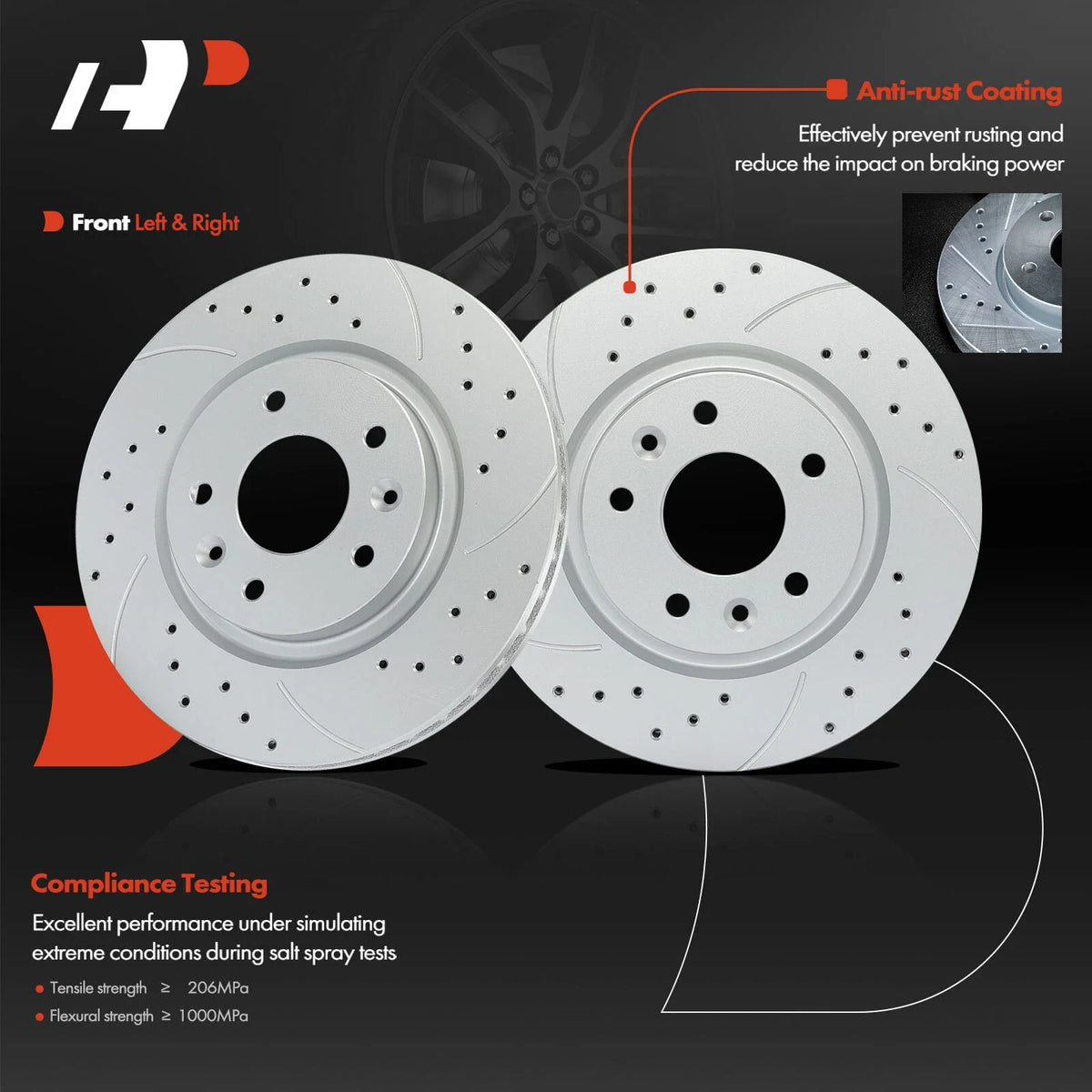 Drilled Brake Rotor and Pad Set for Nissan Rogue 2014-2020