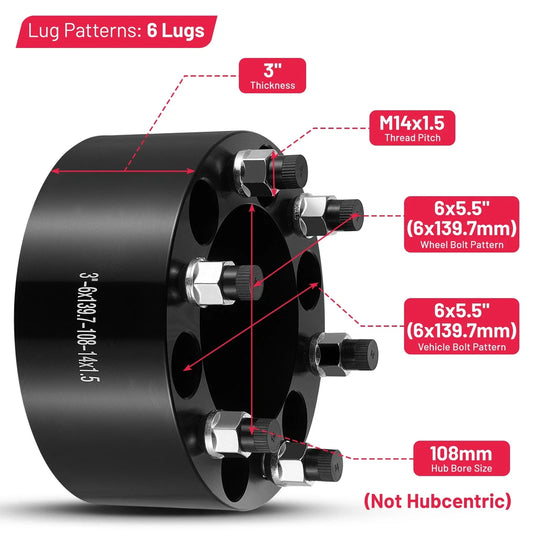 Set of 4 Wheel Spacers 3" 6x5.5 14x1.5 for Chevy Silverado 1500 (1999–2025)