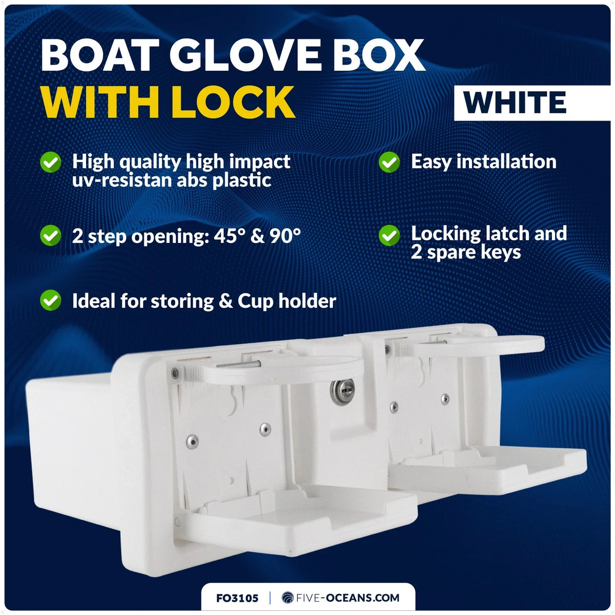Boat Glove Box with Drink Cup Holders for Universal Fit (Lockable, White)