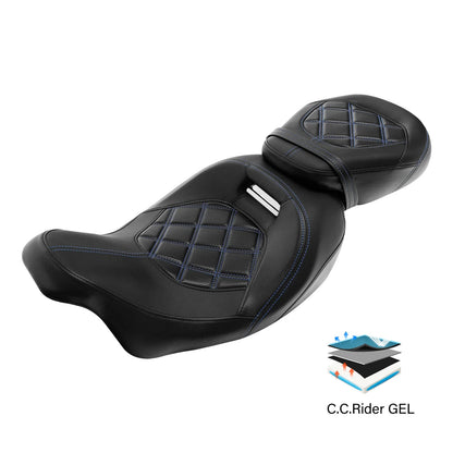 Gel Driver & Passenger Seat Black Blue for Harley Street Tri Glide (2009–2023)