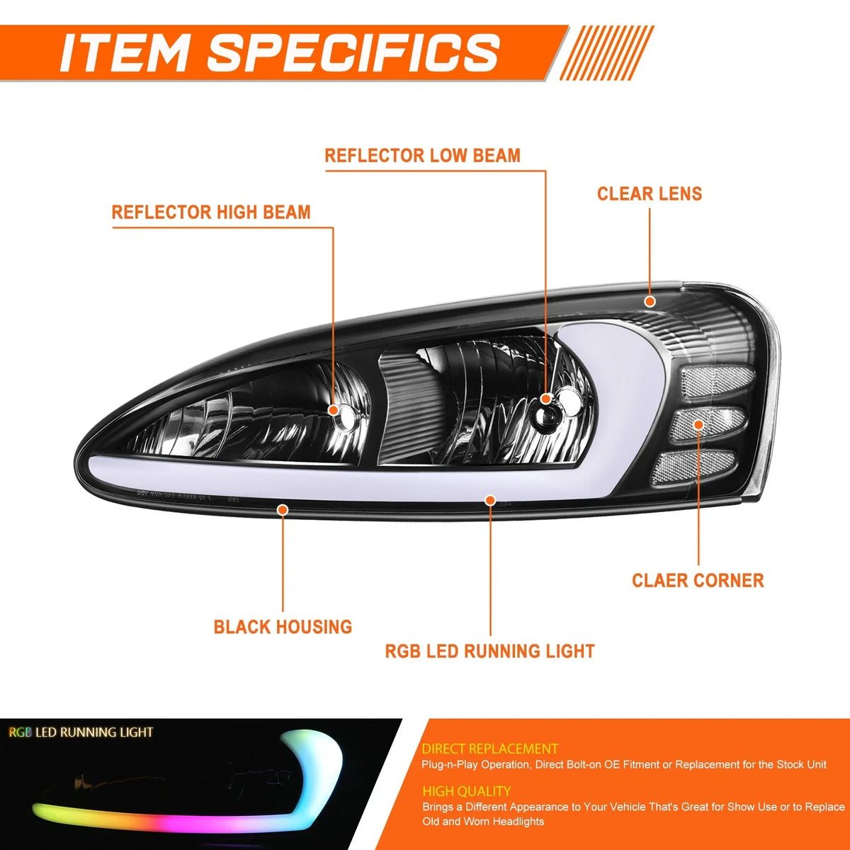 RGB LED Light Bar Headlights for Pontiac Grand Prix (2004–2008)