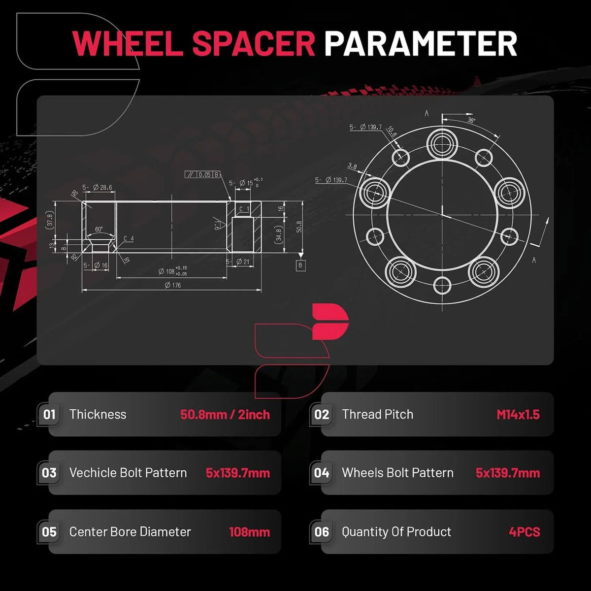 4x 2" Wheel Spacers M14x1.5 for Dodge Ram 1500 (2012-2018) 108MM CB