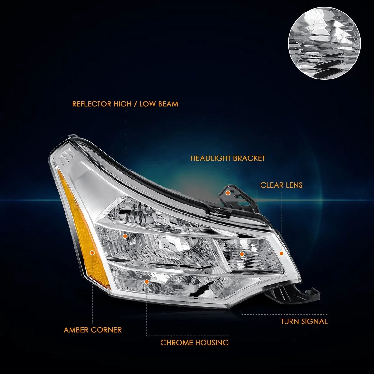 Headlight Lamp Right Side Chrome/Amber for 2008–2011 Ford Focus