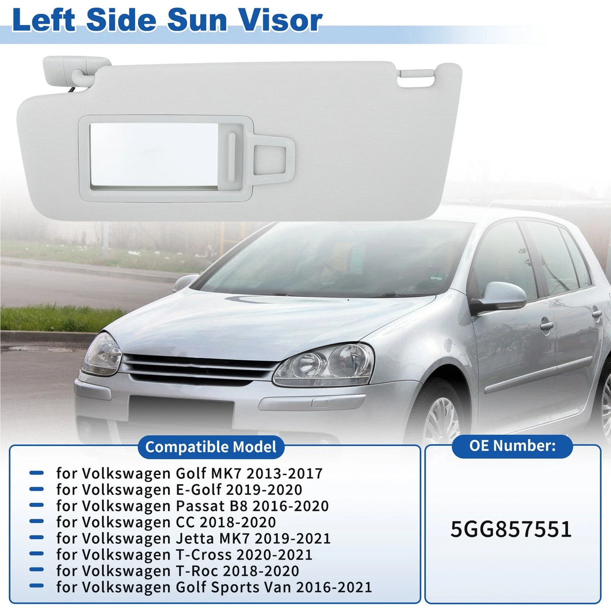 Left Side Sun Visor for Volkswagen Golf MK7 (2013–2017) 5GG857551 Gray