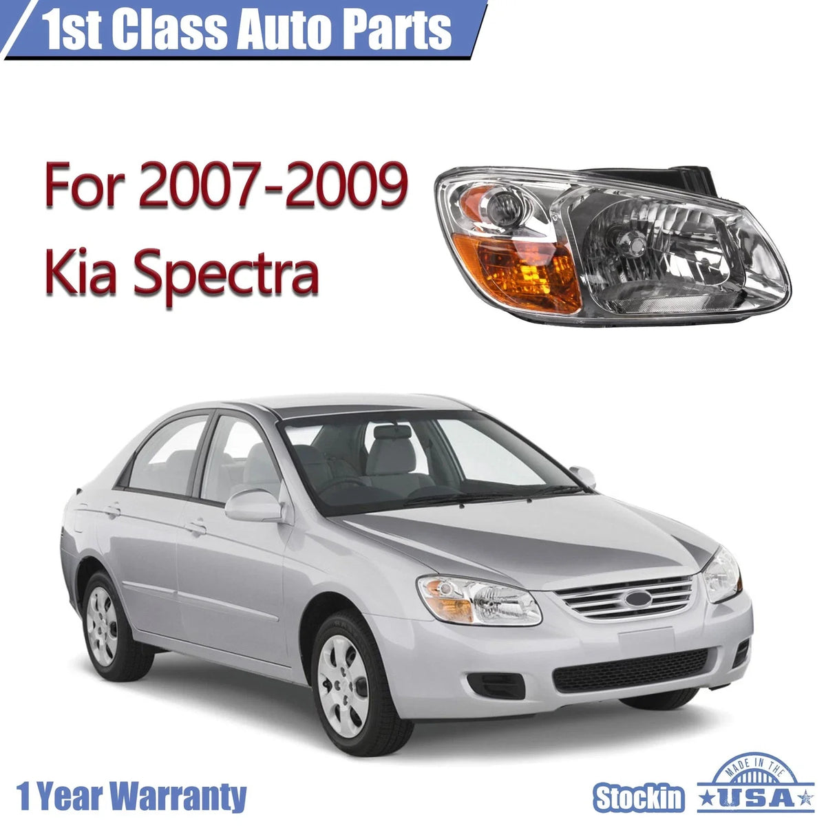 Headlight Assembly for Kia Spectra (2007–2009) Right Clear Lens Halogen