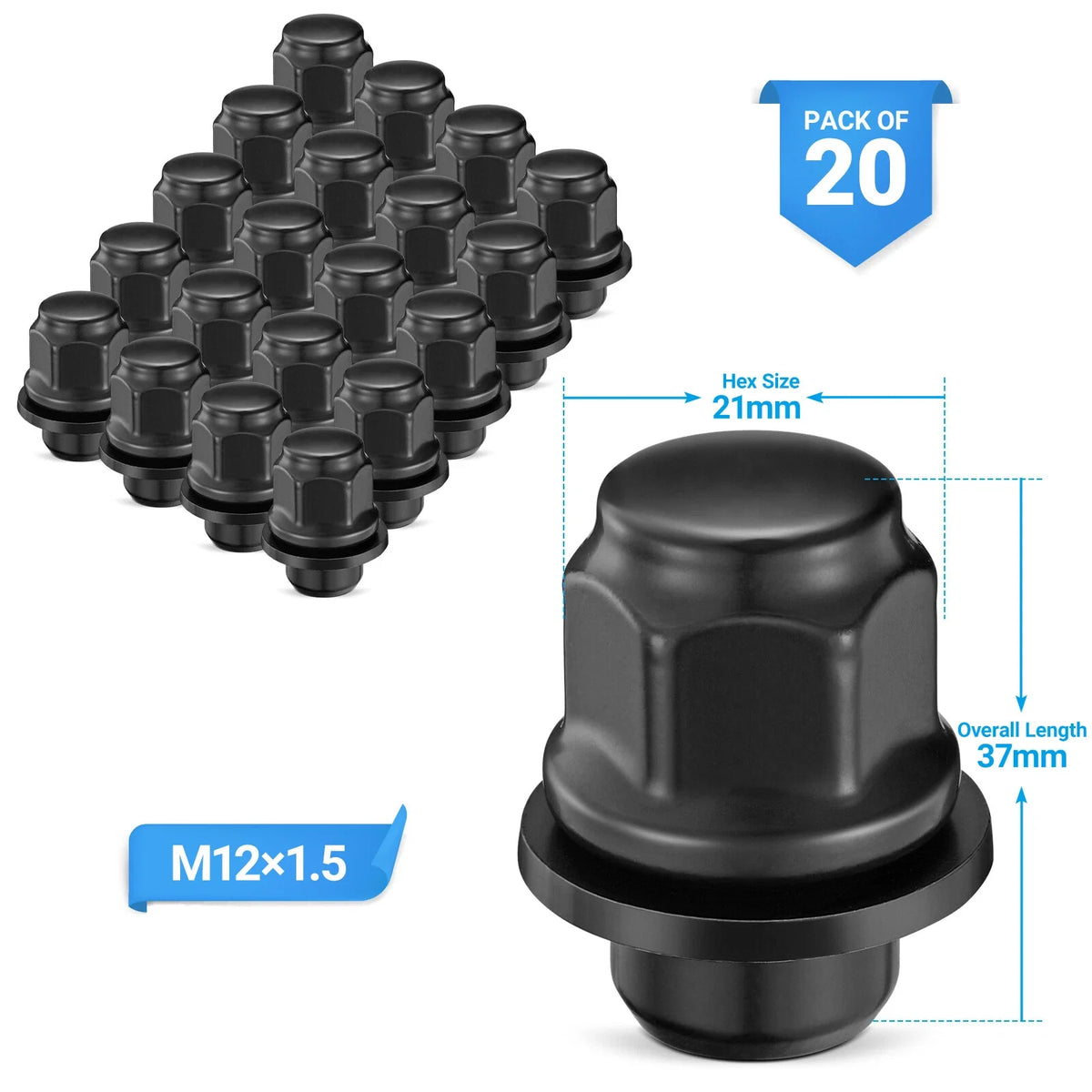 20PC Black Lug Nuts for Toyota RAV4 (1996–2022)