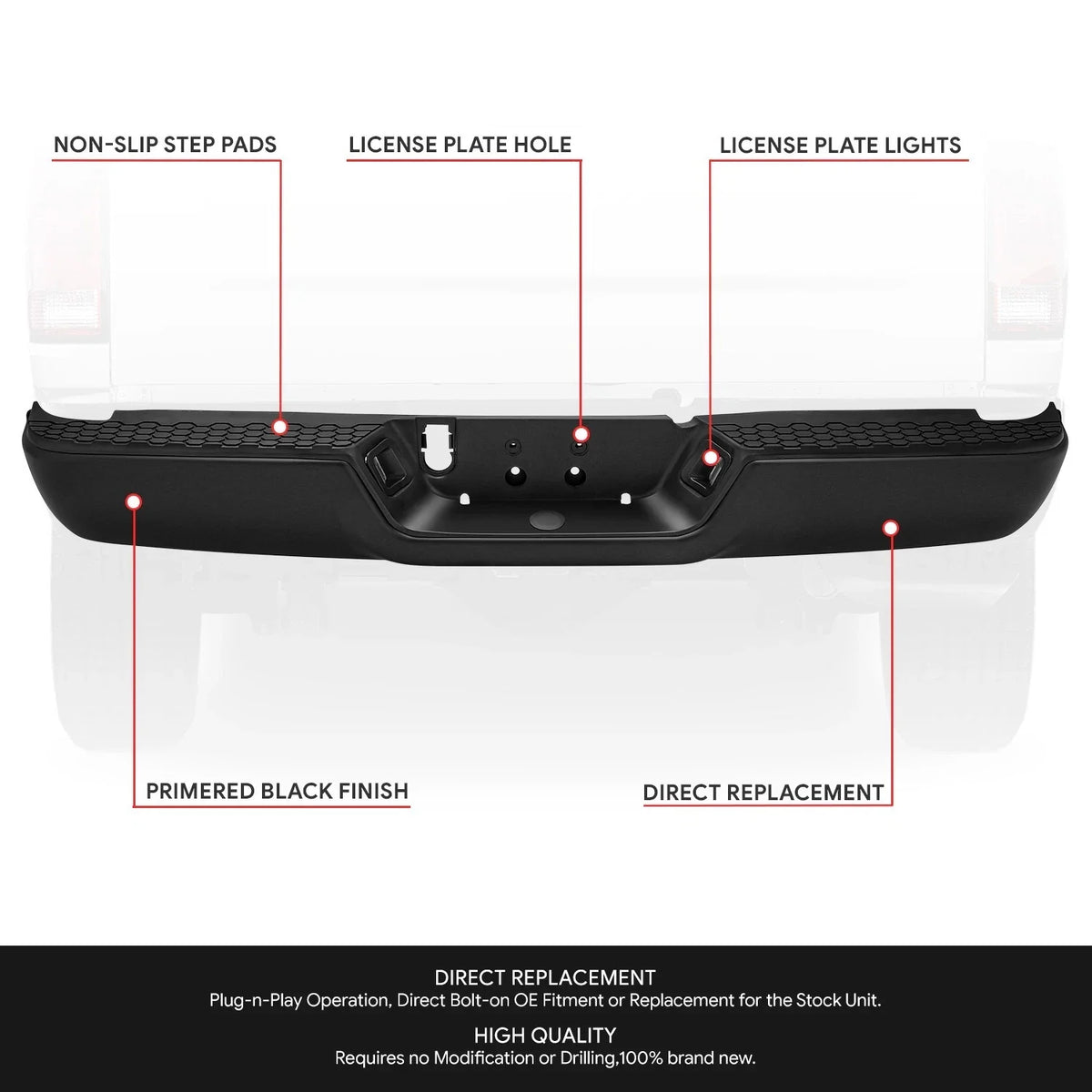 Rear Bumper Assembly for Dodge Ram 1500 (2009–2024) Black w/o Sensor Holes