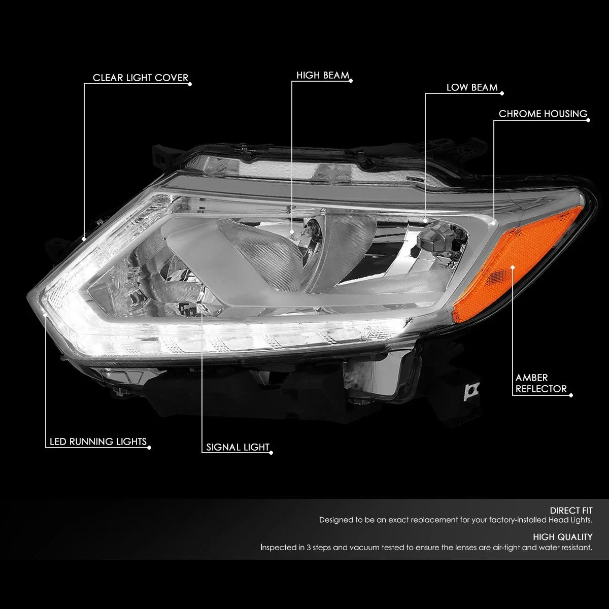 LED DRL Pair for Nissan Rogue (2014–2016) Chrome/Amber Side Headlight