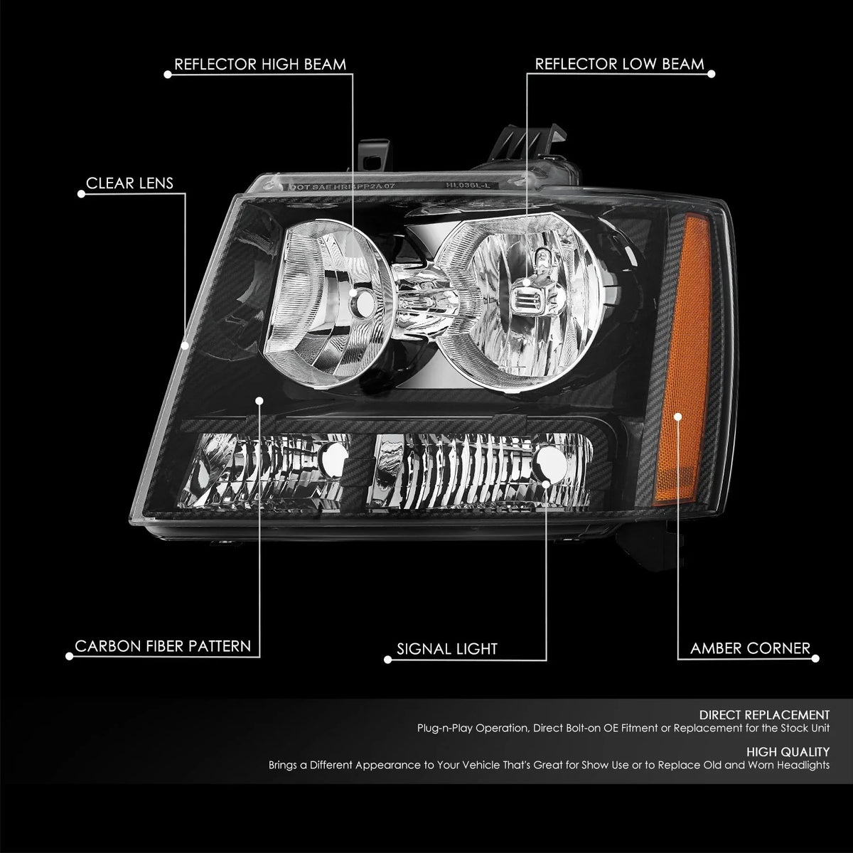 Headlight Assembly for Chevrolet Tahoe Avalanche (2007–2014) Carbon Fiber Pattern