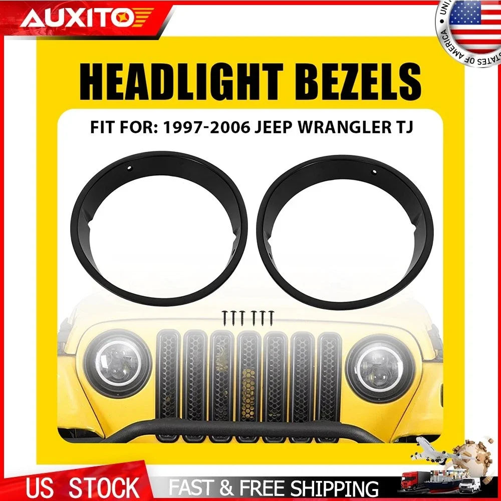 Pair of Black Headlight Bezels Trim Covers for Jeep Wrangler TJ 1997-2006