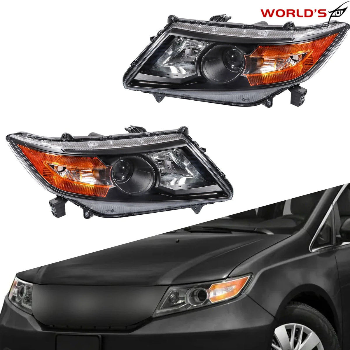 Halogen Front Headlights for Honda Odyssey (2011–2017) Black Amber Pair