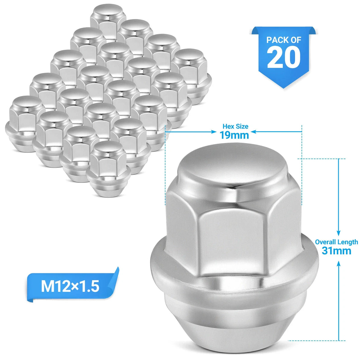 20x Chrome Wheel Lug Nuts 12x1.5 for Ford Focus Fusion Escape EcoSport