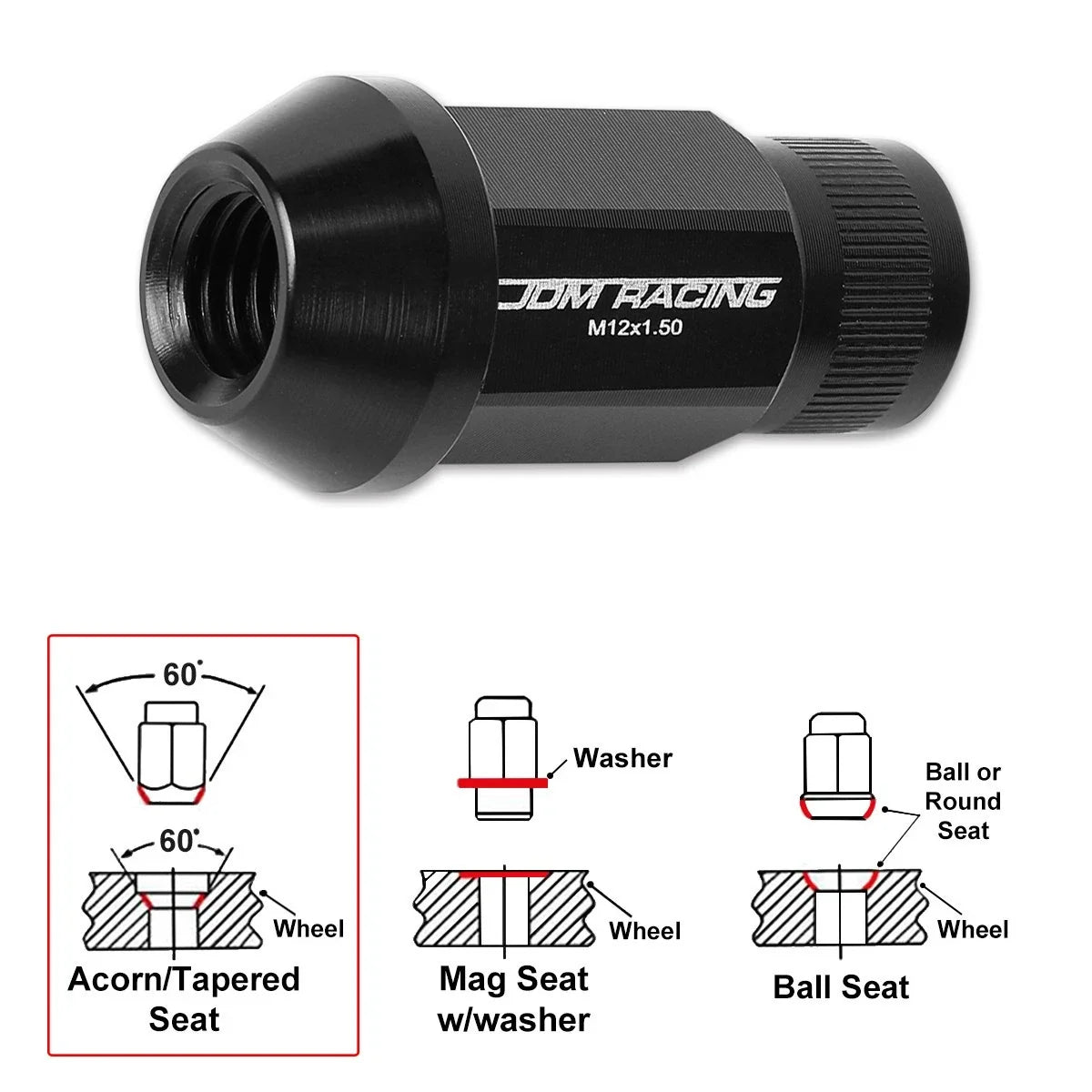 Set of 20 Black JDM Open End Bulge Hex Lug Nuts M12X1.5 + 25mm Extender