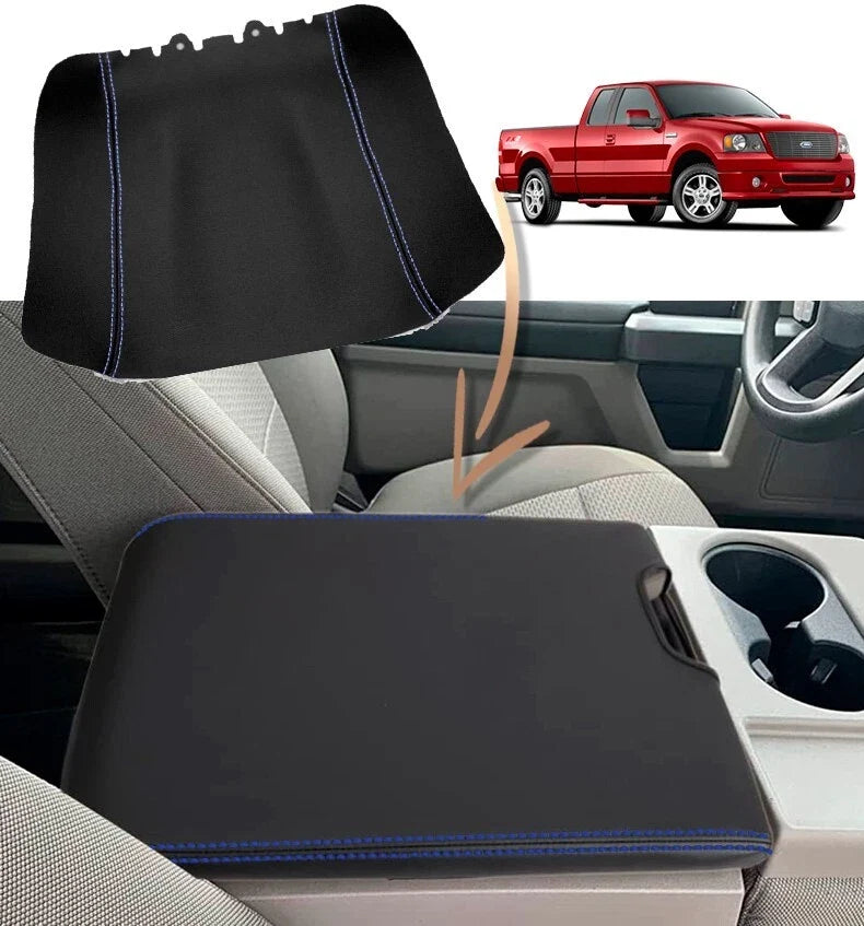Leather Console Lid Jump Seat Cover for Ford F150 (2004–2008) Blue Stitch