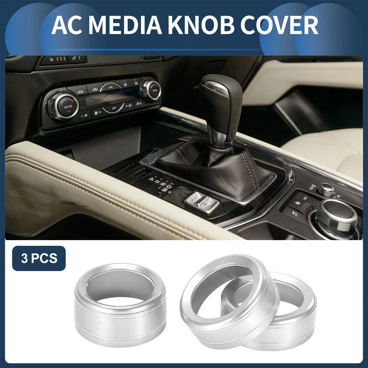 Set of 3 AC Media Switch Knob Cover Rings for Mazda 3 Touring (2017–2018) Silver Tone 641832040019