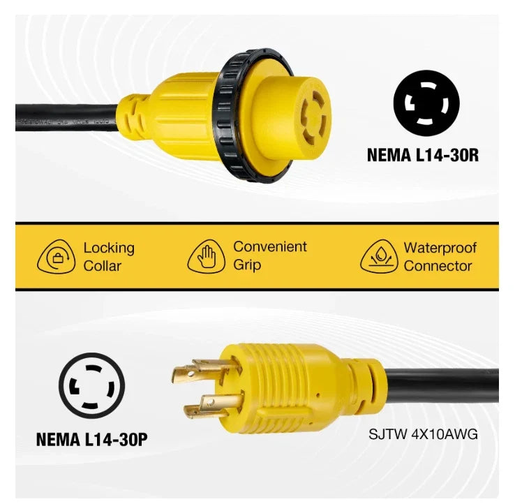 30A Power Cord for RV 20FT 10AWG L14-30P to L14-30R with Inlet Box