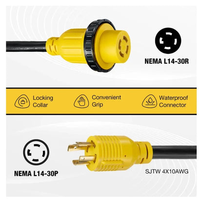 30A Power Cord for RV 20FT 10AWG L14-30P to L14-30R with Inlet Box