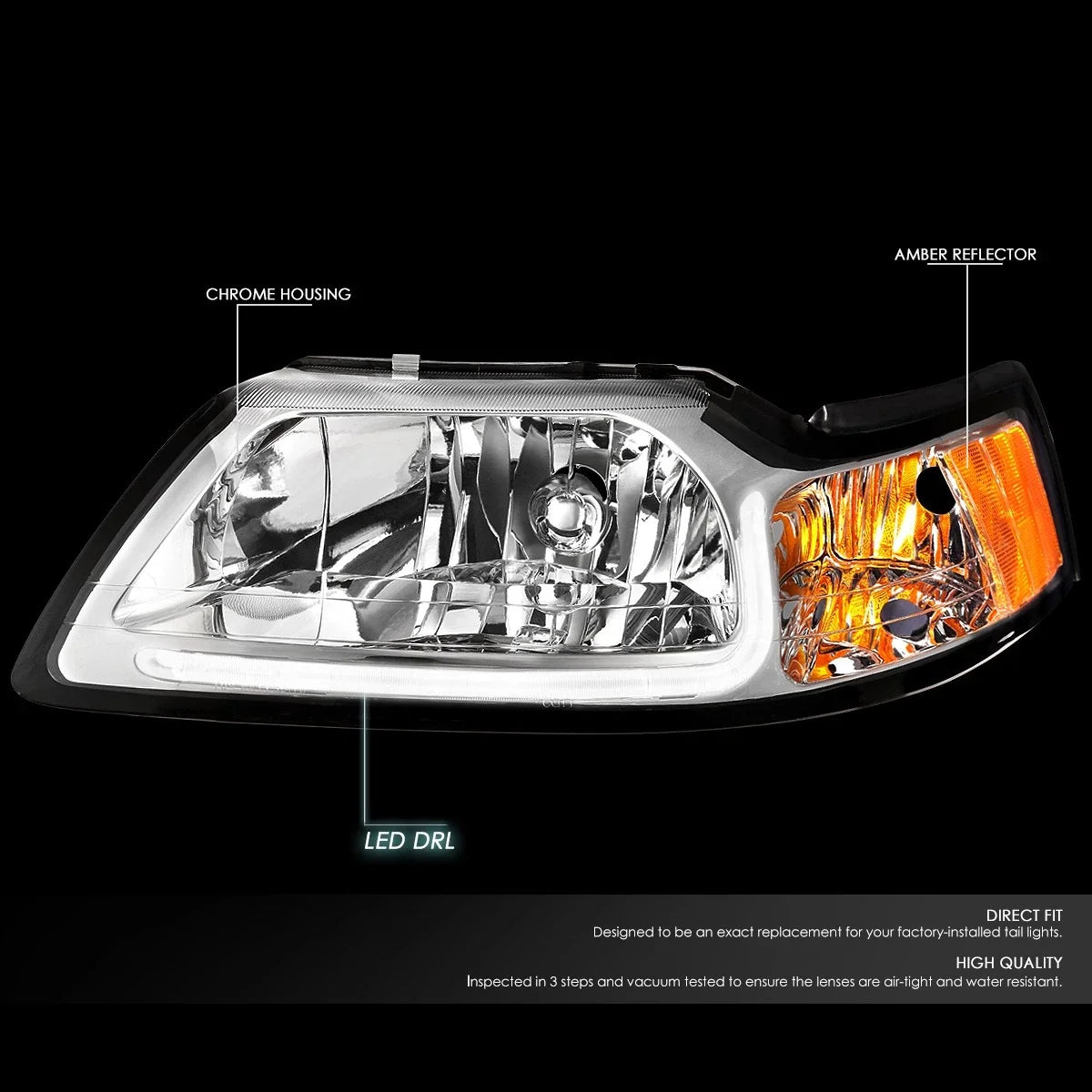 LED DRL Tube Chrome/Amber Side Headlights for Ford Mustang (1999–2004)