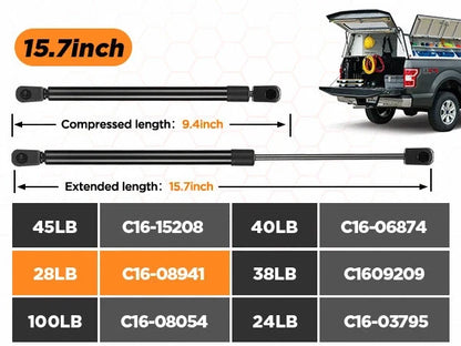 Rear Window Gas Shock Strut 2pc Set for Camper Shell Topper (16")