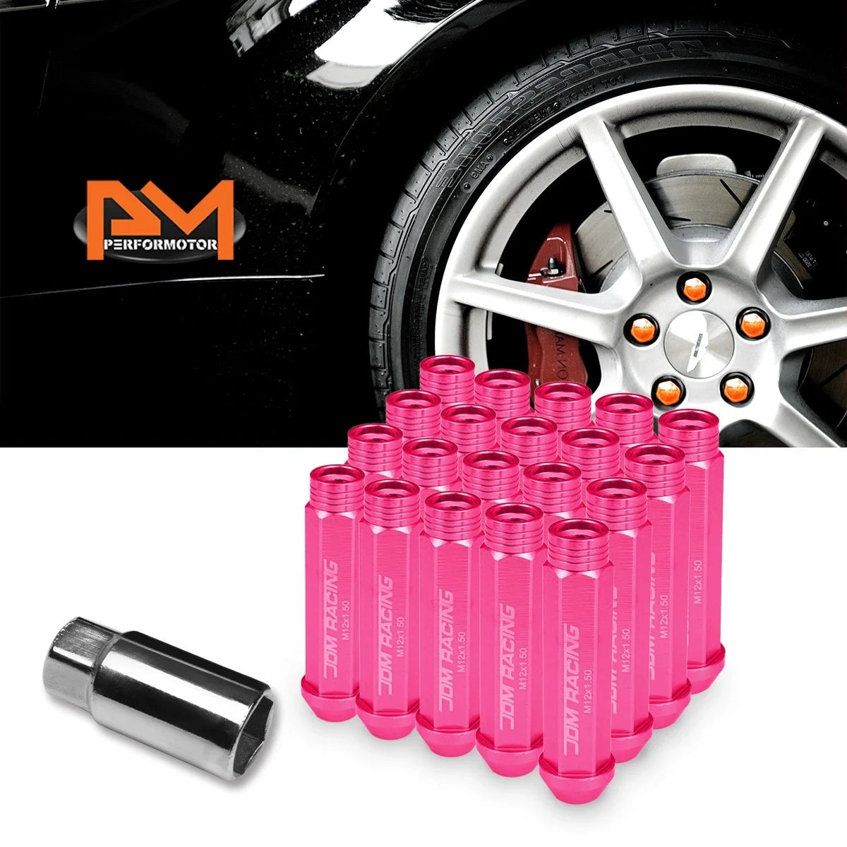 Pink Aluminum Open-End Lug Nuts Set of 20 M12X1.5 90mm Tall