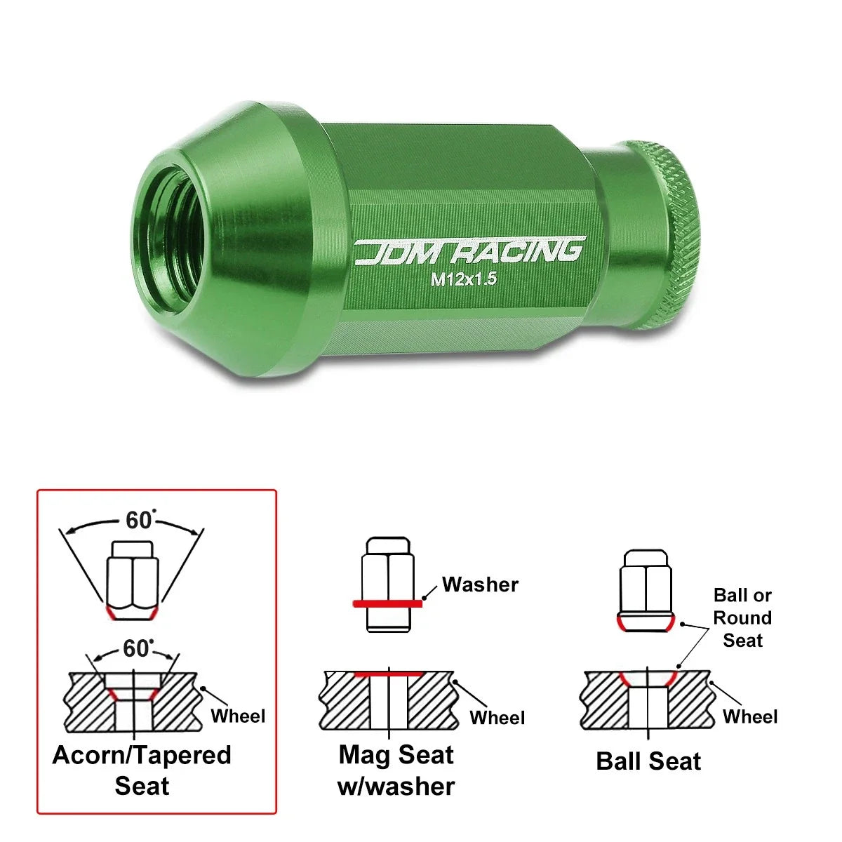 Open-End Acorn Hex Wheel Lug Nuts 20Pc M12X1.5 Green JDM + Extension 25mmx50mm
