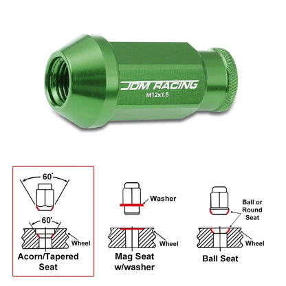 Open-End Acorn Hex Wheel Lug Nuts 20Pc M12X1.5 Green JDM + Extension 25mmx50mm