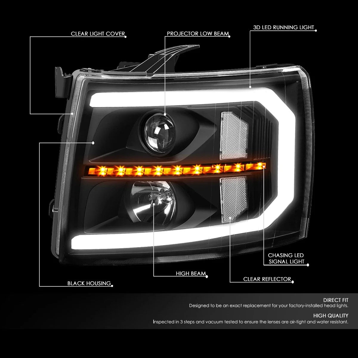 LED DRL Bar Sequential Projector Headlights for Silverado (2007–2014)