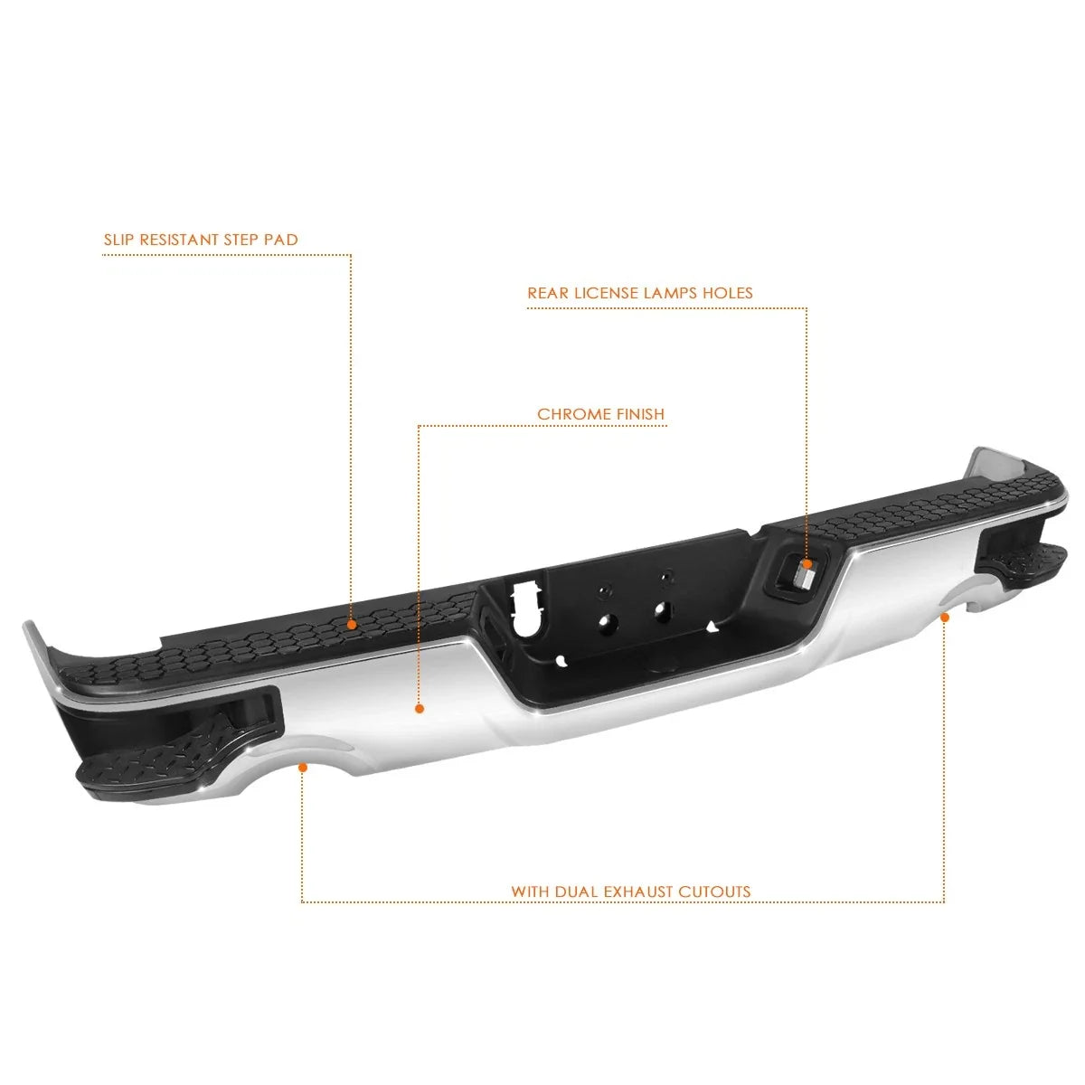 Rear Step Bumper, Chrome with Dual Exhaust for 2009-2023 Dodge Ram 1500/Classic