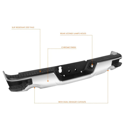 Rear Step Bumper, Chrome with Dual Exhaust for 2009-2023 Dodge Ram 1500/Classic