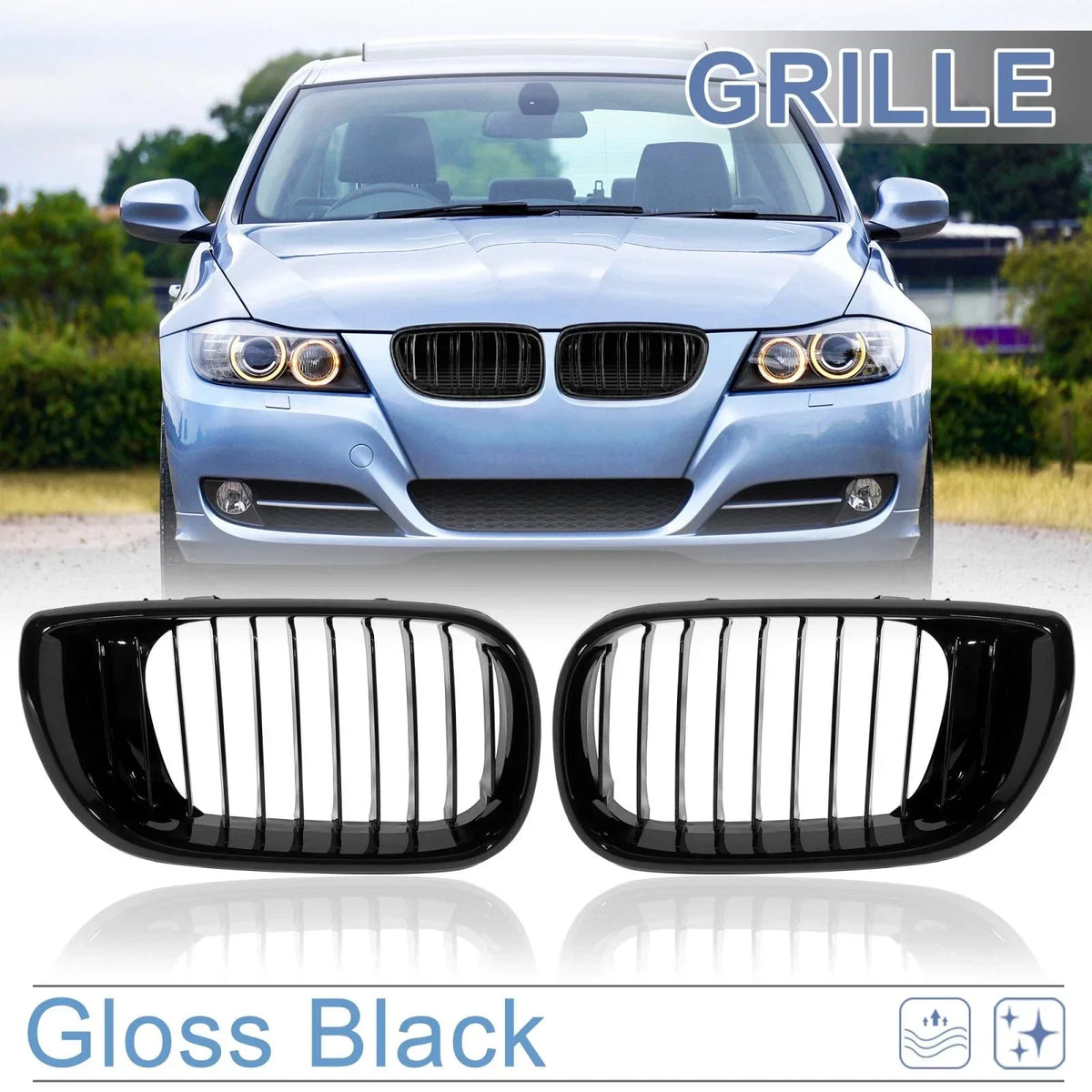 Pair of Gloss Black Front Grilles for BMW E46 3 Series 2002-2004