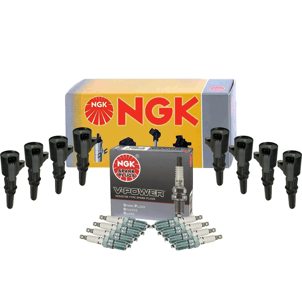 Set of 8 NGK Ignition Coils & V-Power Spark Plugs for Ford Lincoln Mercury V8
