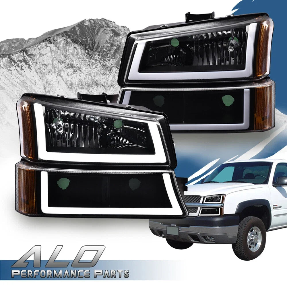 LED DRL Black/Amber Headlights for Chevy Silverado Avalanche (2003–2007)