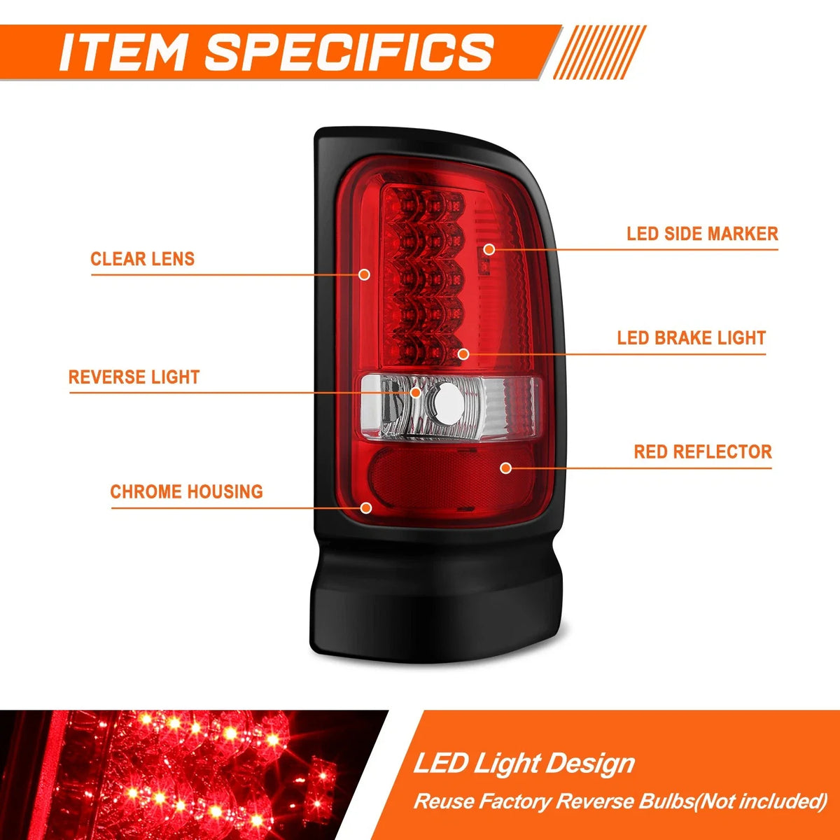 LED Tail Lights for Dodge Ram Pickup (1994–2002) - Red Pair