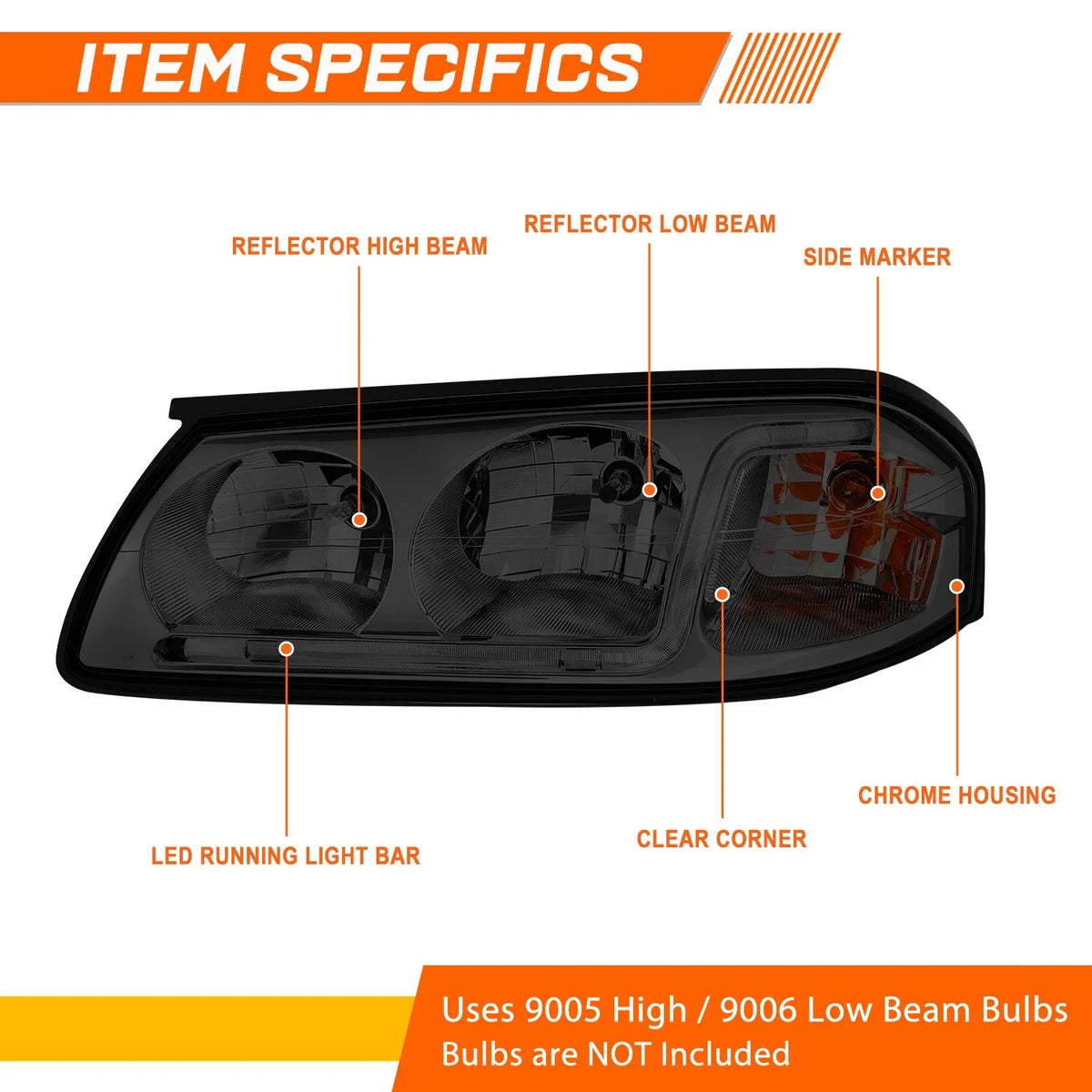 LED DRL Headlight with Clear Corner and Smoked Lens for 2000-2005 Impala