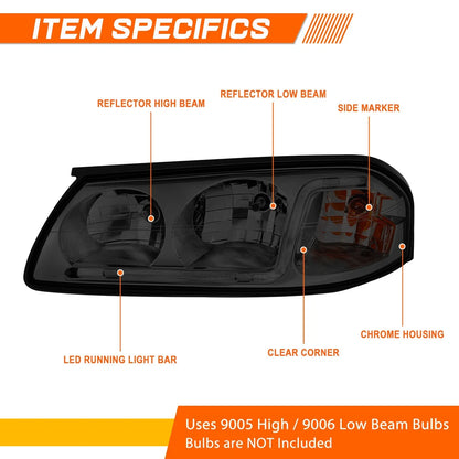 LED DRL Headlight with Clear Corner and Smoked Lens for 2000-2005 Impala