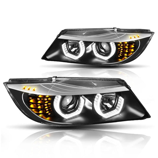 LED U-Halo + Turn Signal Projector Headlight Pair for BMW 3-Series E90 (2005–2008)