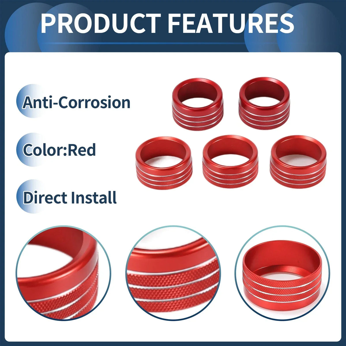 AC Volume Knob Cover Ring - 5 Pcs Red for Dodge RAM 2018-2022