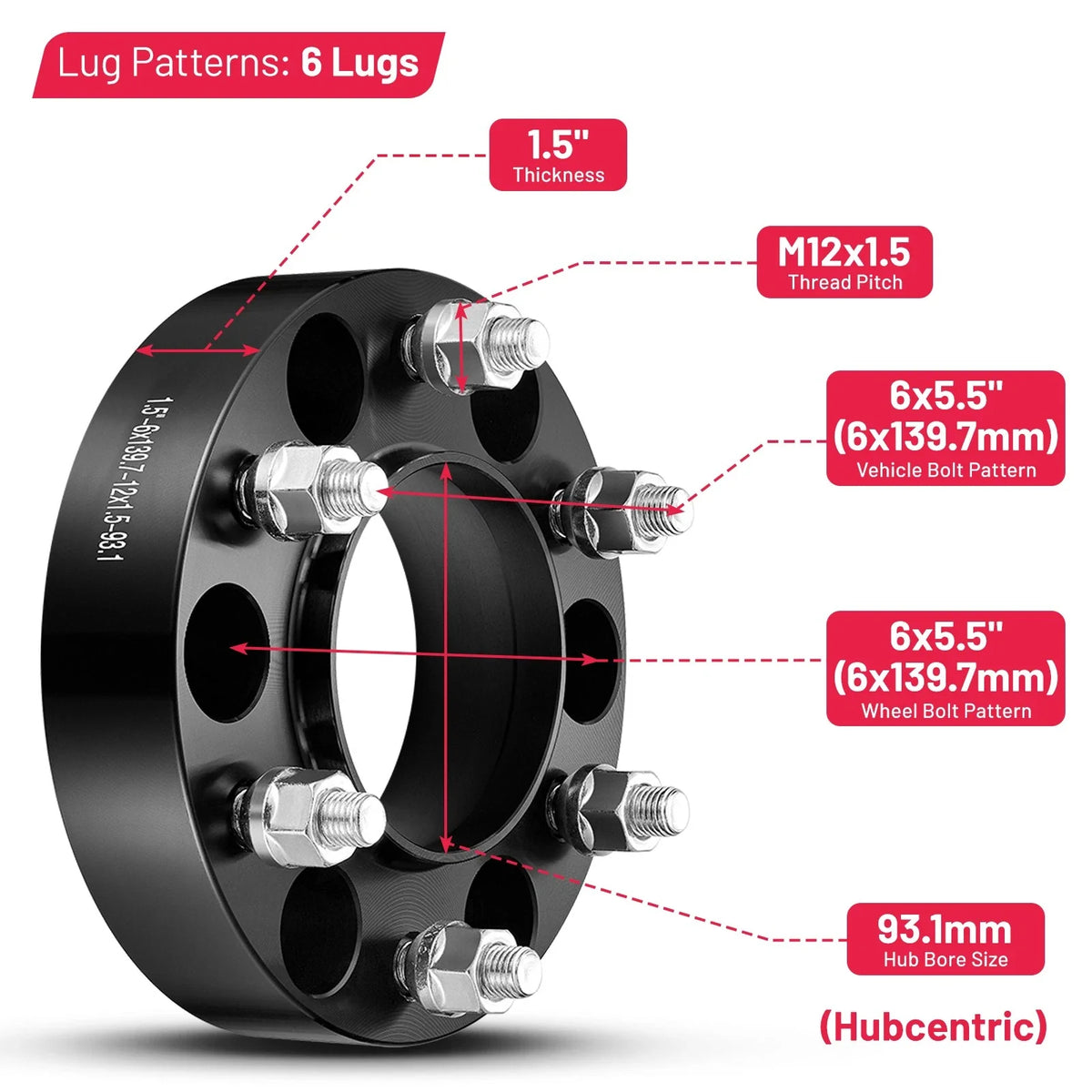 Set of 4 Hubcentric Wheel Spacers 1.5" 6x5.5 6x139.7 93.1CB for Ford Bronco (2021–2024)