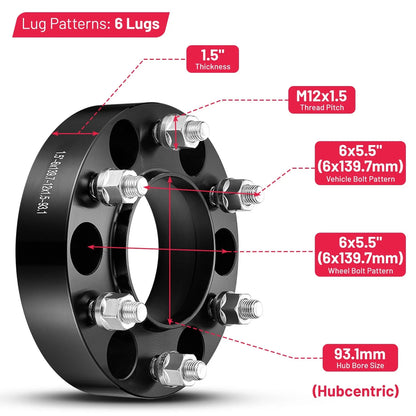Set of 4 Hubcentric Wheel Spacers 1.5" 6x5.5 6x139.7 93.1CB for Ford Bronco (2021–2024)