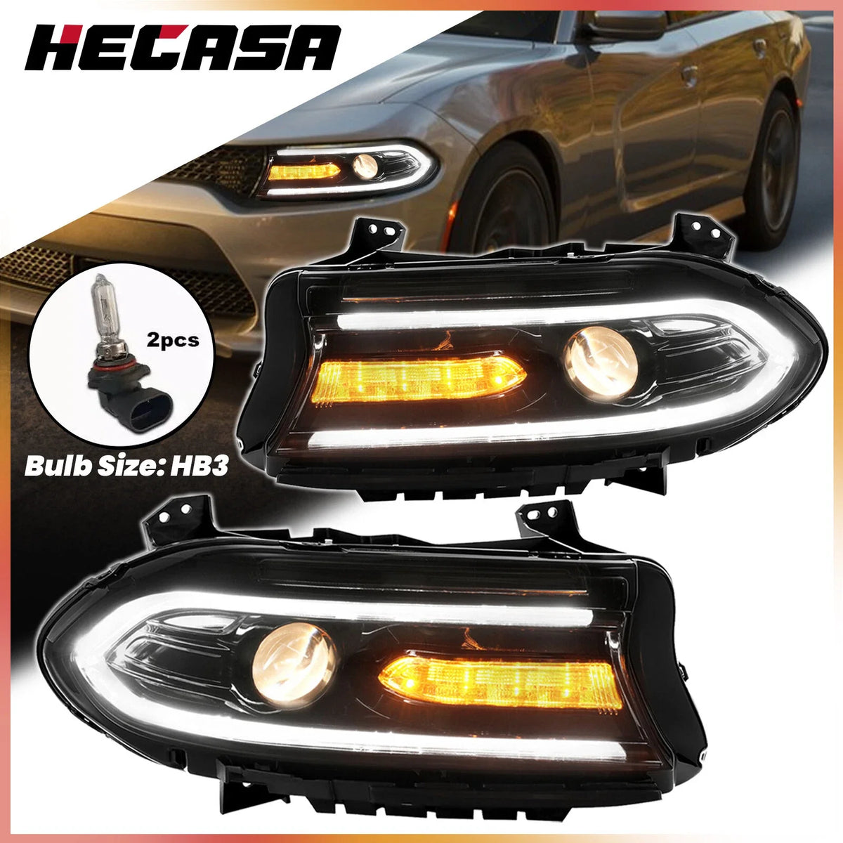 Projector Headlights with Halogen LED DRL for 2015-2022 Dodge Charger