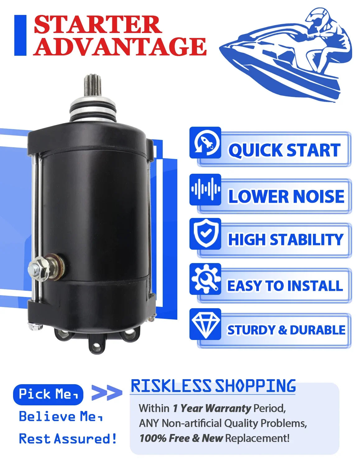 Jet Ski Starter for Kawasaki JS650 650 SX (1987-1991) - Bendix & Relay