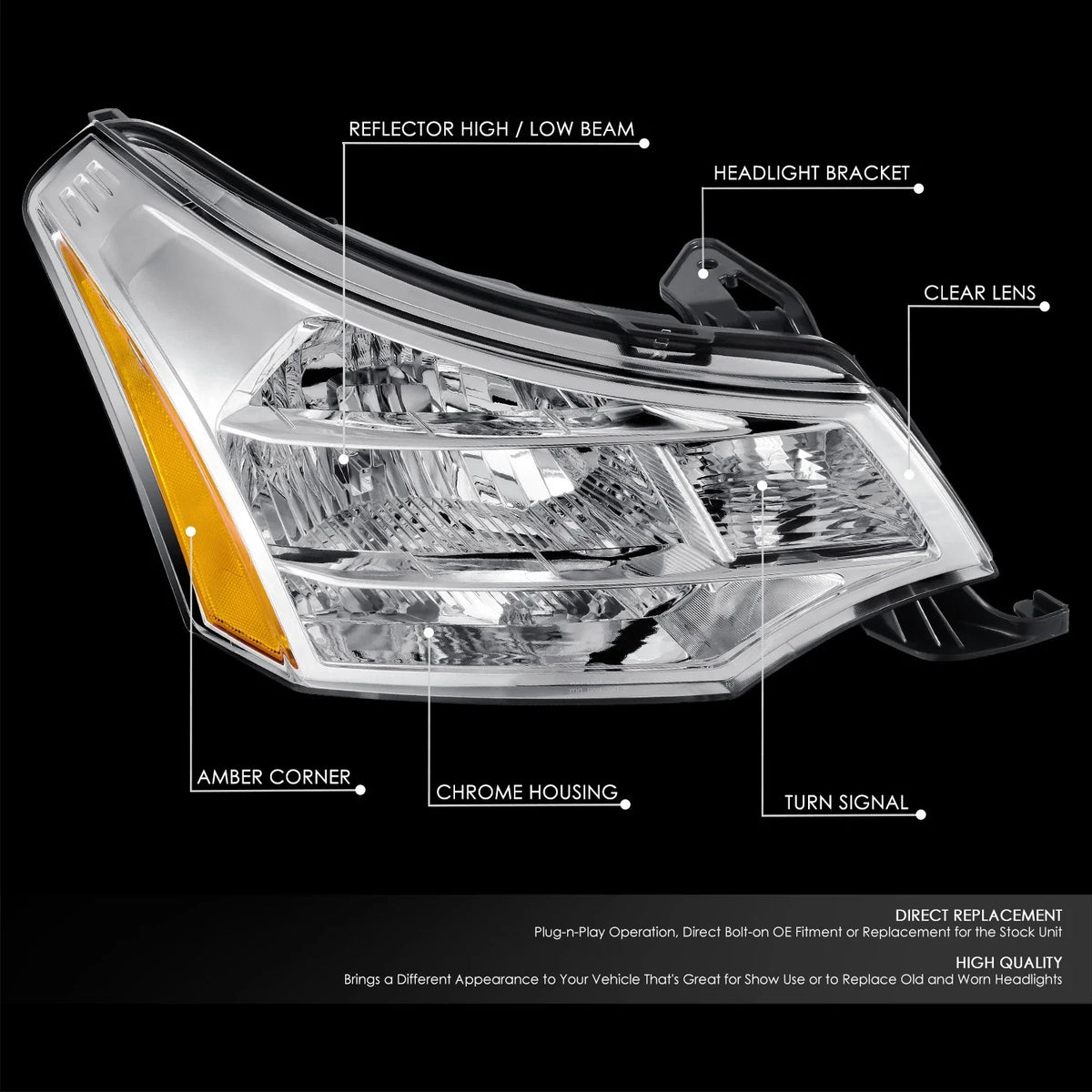 Right Driver Side Headlight for Ford Focus (2008–2011) Chrome Factory Style