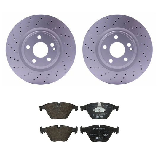 Hella Front Rotors & Low-Met Disc Brake Pad Kit for Mercedes CLA250 GLA250 (C117, X156)