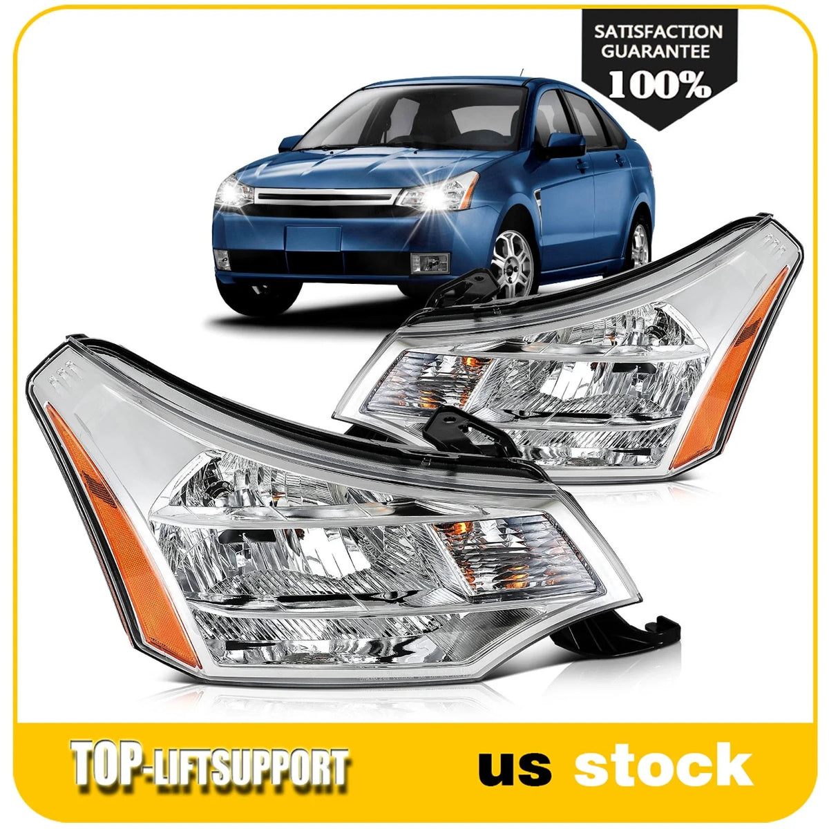 2X Chrome Headlights with Bulbs for Ford Focus (2008–2011)