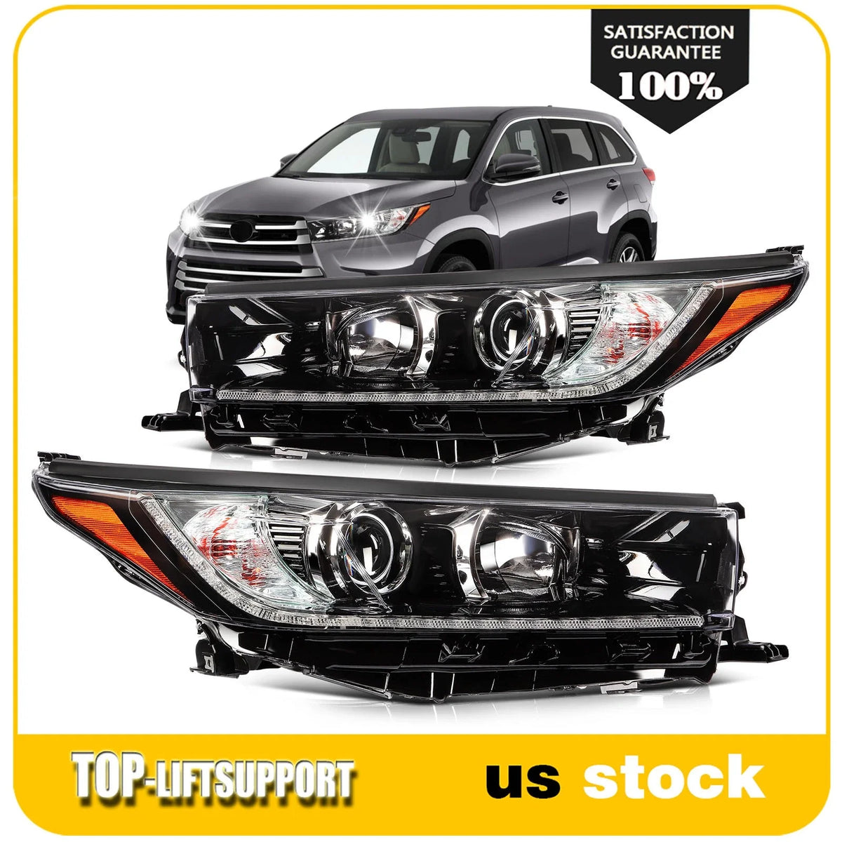 Pair Headlights for Toyota Highlander (2017–2019) Black w/DRL Projector