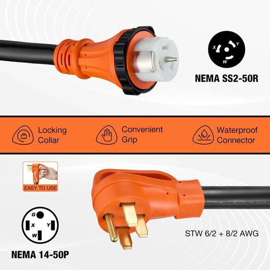 20FT 50A Heavy Duty Extension Cord with Generator Inlet Box for RV