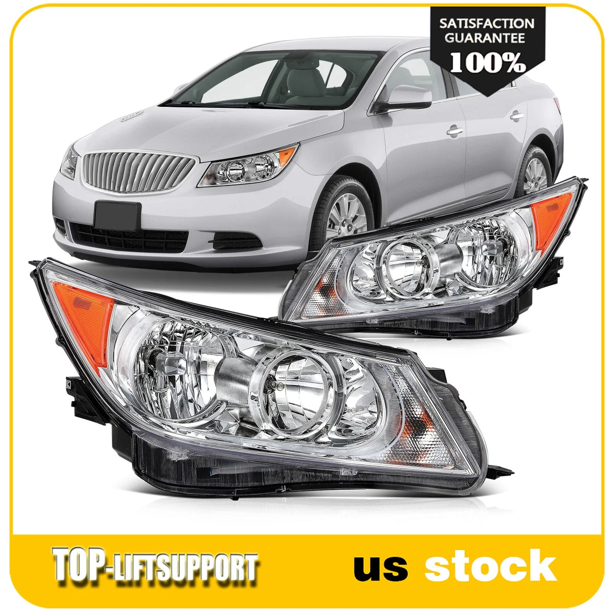 Headlight Pair with Bulbs for Buick LaCrosse (2010–2013) Chrome Housing