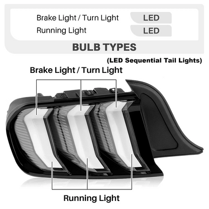 Clear LED Sequential Tube Tail Lights for Ford Mustang (2015–2023)