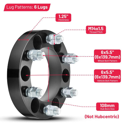 4Pcs 1.25" 6 Lug Wheel Spacers for Chevy Silverado GMC Sierra 1500 (2007–2023)