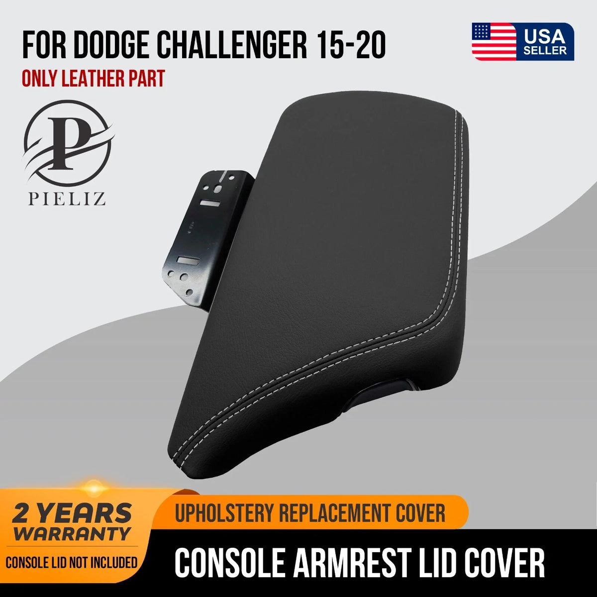 Leather Console Lid Armrest Cover for Dodge Challenger (2015–2020) White Stitch